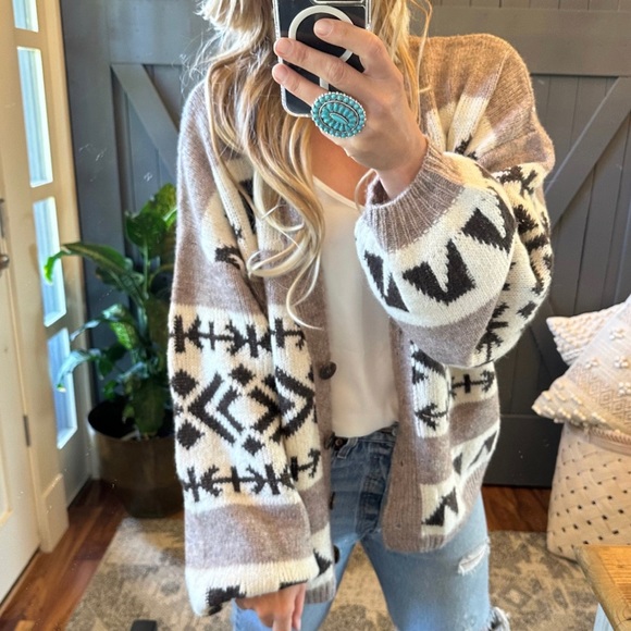New Aztec Print Native Knit Wool Cardigan Sweater Button Front V-Neck Coat - Picture 6 of 9